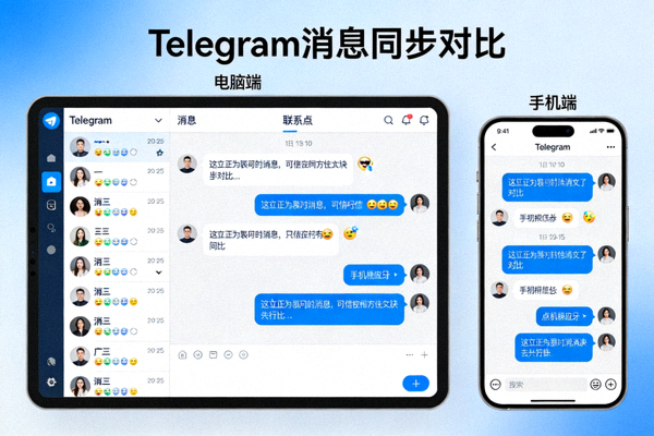 Telegram电脑版与手机版消息实时同步对比界面 - 展示同一对话在两台设备上同时显示