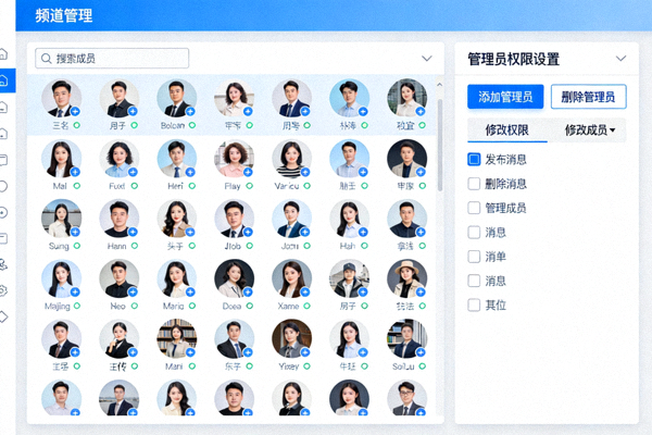 展示电脑版Telegram管理大型频道与设置管理员权限的界面，包含成员列表与权限设置面板