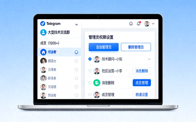 展示电脑版Telegram管理大型频道与设置管理员权限的界面