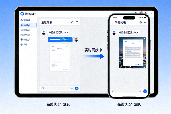 展示Telegram电脑版与手机版消息、文件实时同步的界面对比与连接示意图