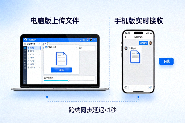 展示在Telegram电脑版上传文件后，手机版立即在聊天中显示的示意图