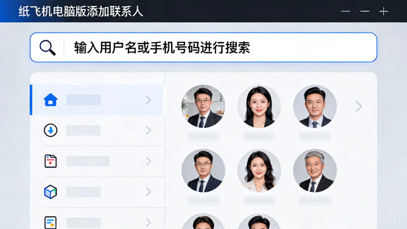 展示纸飞机电脑版添加联系人界面，输入用户名或手机号码进行搜索
