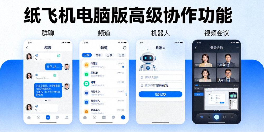 纸飞机电脑版中文界面高级协作功能概览图 - 展示群聊、频道、机器人及视频会议界面
