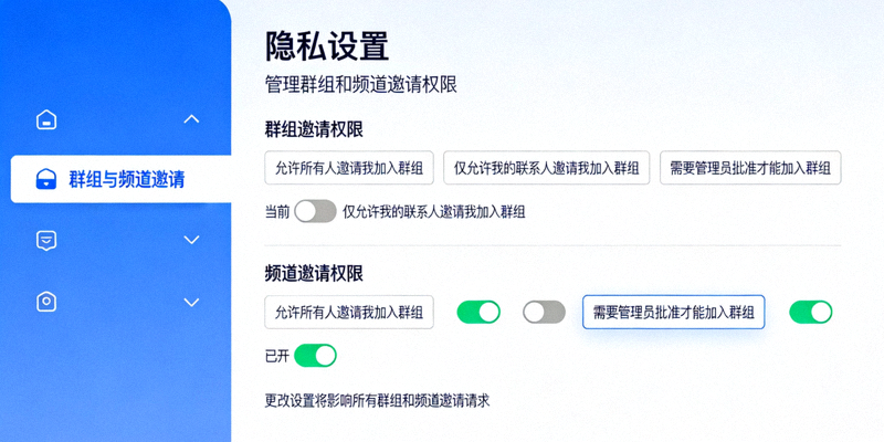 纸飞机隐私设置中管理群组和频道邀请权限的界面示意图