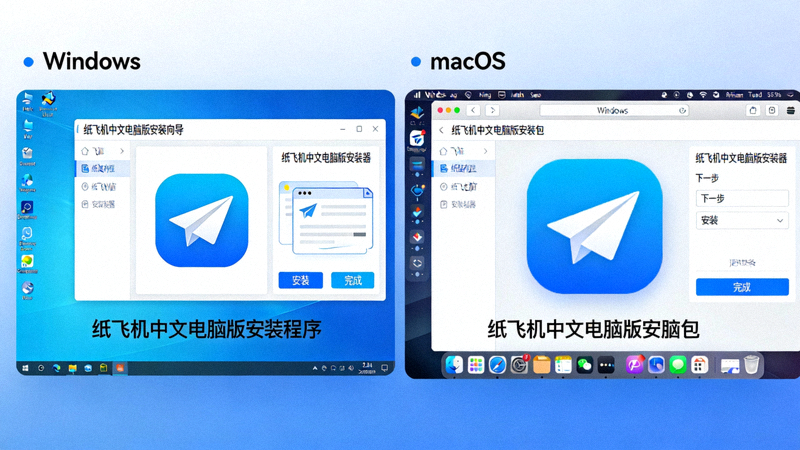 纸飞机中文电脑版在Windows与macOS系统桌面上的安装程序图标与界面示意图