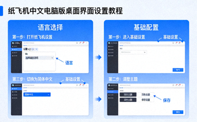 纸飞机中文电脑版桌面界面设置教程示意图 - 展示语言选择与基础配置